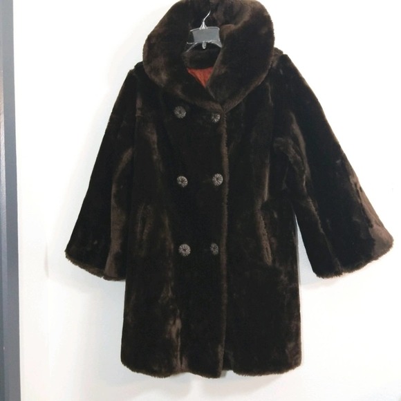 Vintage 60s 70s dbl brst chocolate faux fur coat - Picture 4 of 10